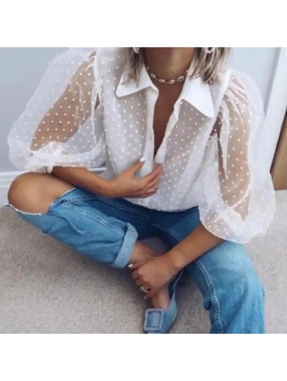 ZARA white sheer puff sleeve blouse with textured Swiss dot mesh fabric.